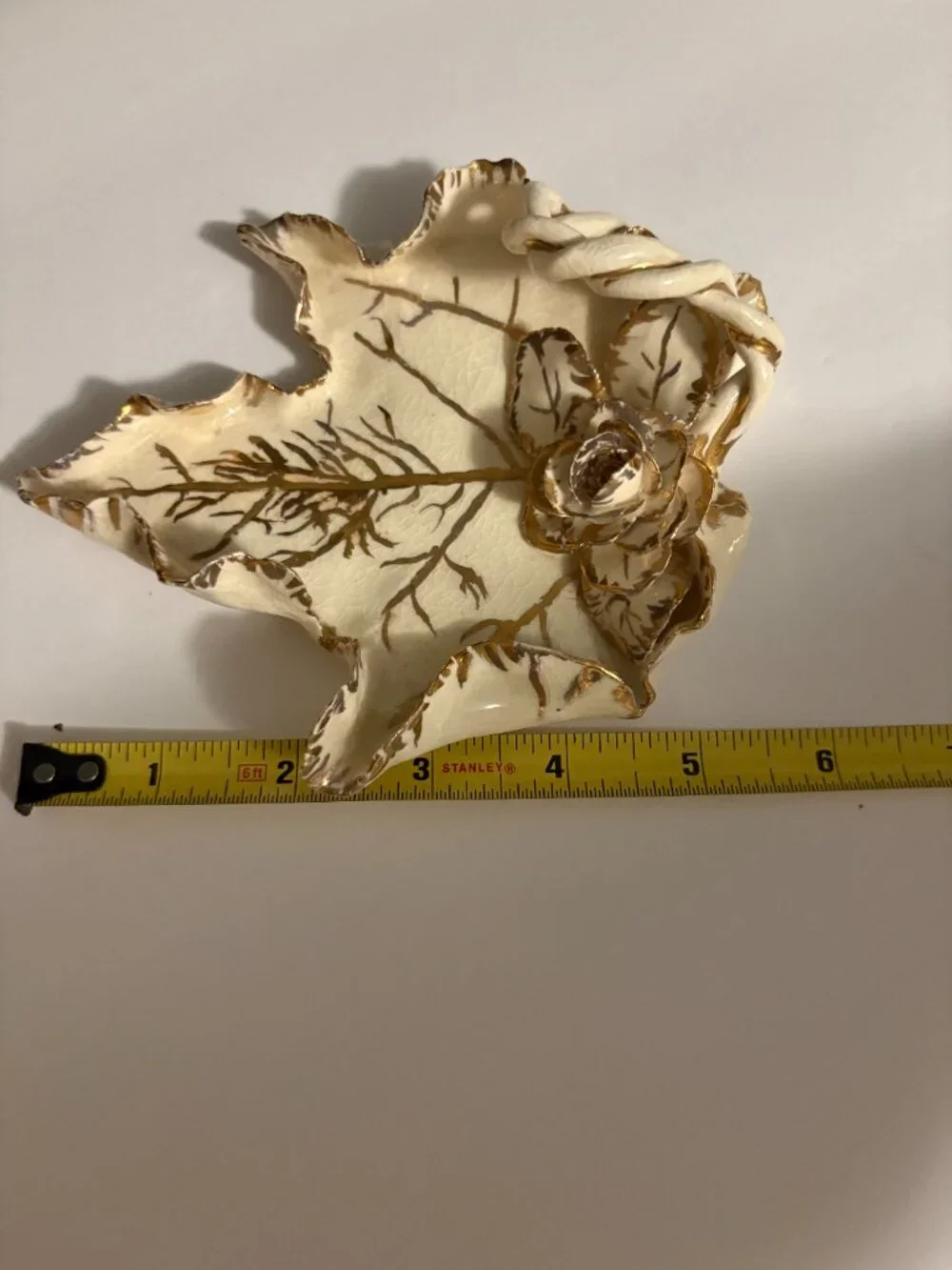 Vintage Porcelain Maple Leaf Trinket Dish w/Gold Trim and Rose Accent